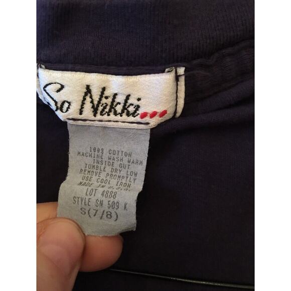 S (7/8) So Nikki Navy Blue Long Sleeve V-Neck Tshirt with Plaid Patch - Picture 6 of 6